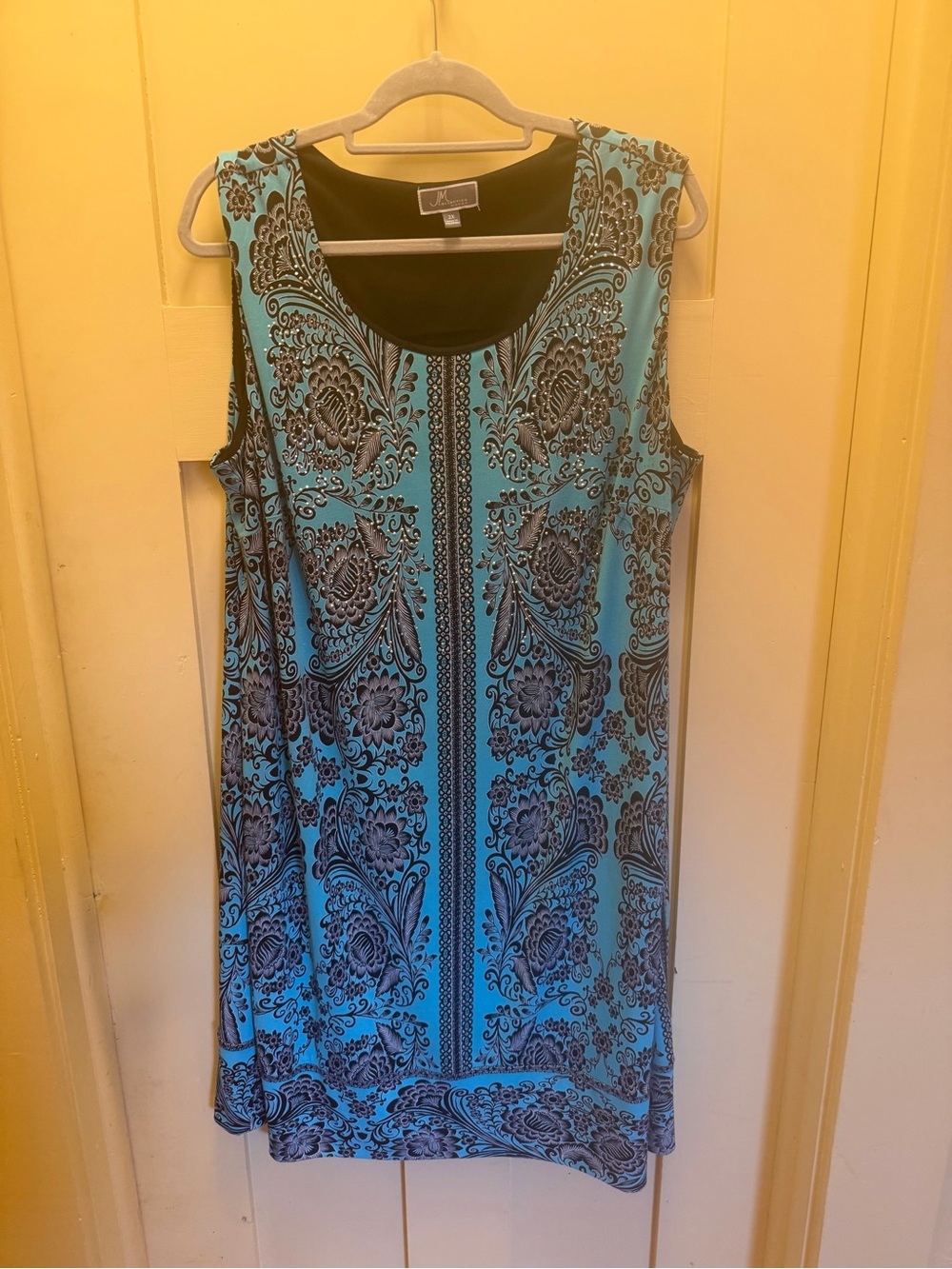 JM Collection Turquoise and Black Damask Sleeveless Midi Dress